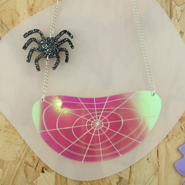 Iridescent Cobweb and Spider Statement Necklace