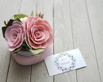 Pink Roses Pint Size Mason Jar Felt Flower Arrangement, Mini Flower Arrangement, Mason Jar Flowers, Felt Flowers, Desk Decor