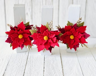 Jumbo Wood Clothespins with Felt Poinsettia, Picture holders, Cardholders, Unique Cardholders, Wood Clothespins, Xmas Mantle Decor