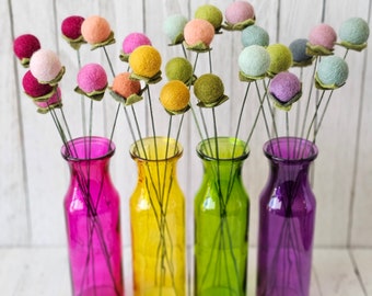 Assorted Single Pompom Billy Ball Felt Flower Stem, Felt Pompom Balls, Felt Bouquet, Felt Balls, Nursery Decor, Felt Balls, Minimalist Decor