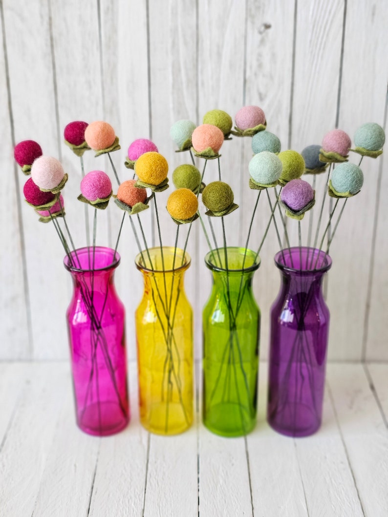 Assorted Single Pompom Billy Ball Felt Flower Stem, Felt Pompom Balls, Felt Bouquet, Felt Balls, Nursery Decor, Felt Balls, Minimalist Decor image 1