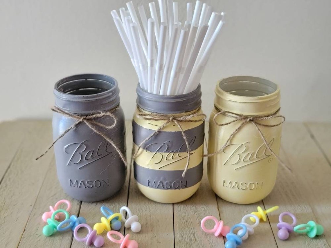 Neutral Gender Reveal Mason Jar Set Mason Jar Centerpiece Etsy