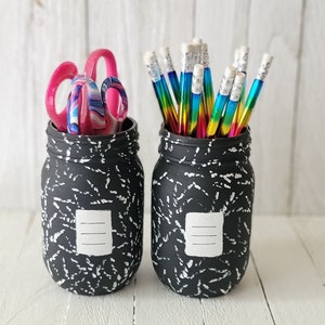 Composition Notebook Mason Jar, Jar Organizers, Desk Decor, Notebook Jars, Pencil Jars, Kids Decor, Teachers Decor, Mason Jar Organizers