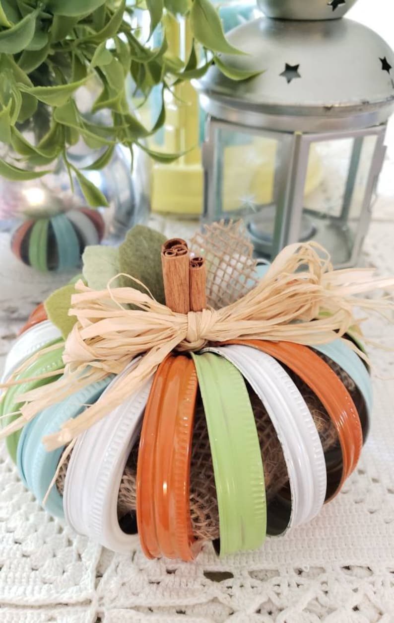 Autumn Mason Jar Lid Pumpkins Pumpkins Pumpkin Decor Tabletop Decor Fall Centerpieces Mason Jar Decorations Mason Jars Fall