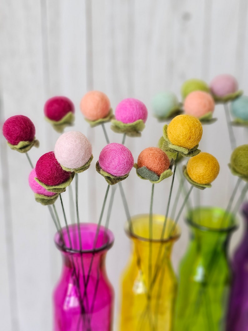 Assorted Single Pompom Billy Ball Felt Flower Stem, Felt Pompom Balls, Felt Bouquet, Felt Balls, Nursery Decor, Felt Balls, Minimalist Decor image 2