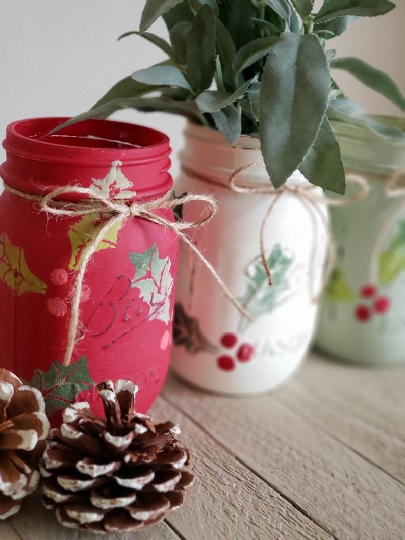 Holiday Holly Mason Jar Centerpiece Christmas Centerpiece Etsy