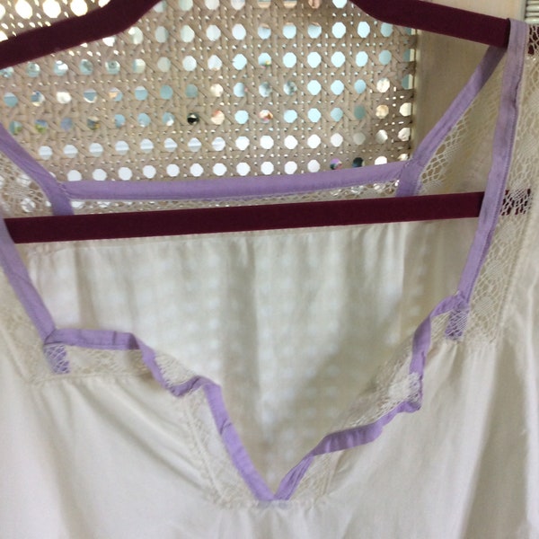 REDUCED! Antique Edwardian Woman’s Cotton And Lace Nightgown, Lavender Trim, Soft, Beautiful Details, M/ L