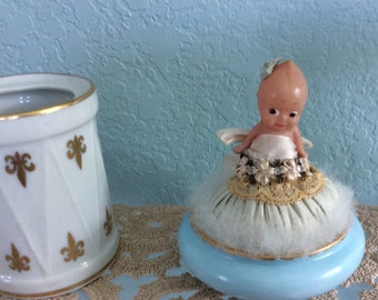 REDUCED! Art Deco Swan Down Powder Puff with Celluloid Kewpie in Silk and Floral Ribbon in Trim in a Blue Limoges Bowl, So RARE!!
