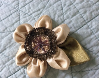 REDUCED! Gorgeous Buttery Silk Ribbon Work Flower Made with Antique  Silk Ribbon, Metallic Trim and Victorian Glass Beads ,Artisan Designed