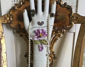 REDUCED! Antique Bisque Glove Mold, Fingerless Glove Decorated, Ribbon Work Floral, Glass Veading, Lace, Metallic Trim and More