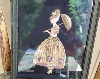 Fabulous Antique Victorian Textile, painting 3D Art, in Original Frame under Glass, Signed