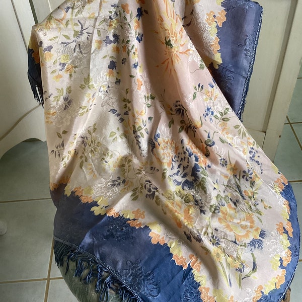 REDUCED! Antique Silk Piano Shawl or Table Cover, Peach, Yellow and Blue, 28” Square