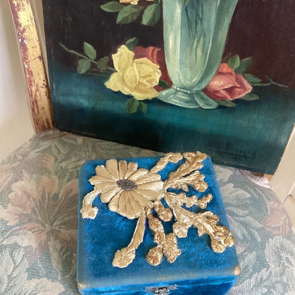 REDUCED! Antique Victorian Blue Velvet Covered Wood Boudoir Box with Silk Embroidery on Silk with Tiny Glass Beading