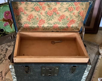 Antique Wood  Doll Trunk with Original Paper Lining, Removable Tray, Key For Lock, in Great Condition!
