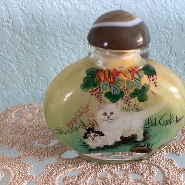 Antique, Vintage Reverse Hand Painted Chinese Glass Snuff Bottle with Cats