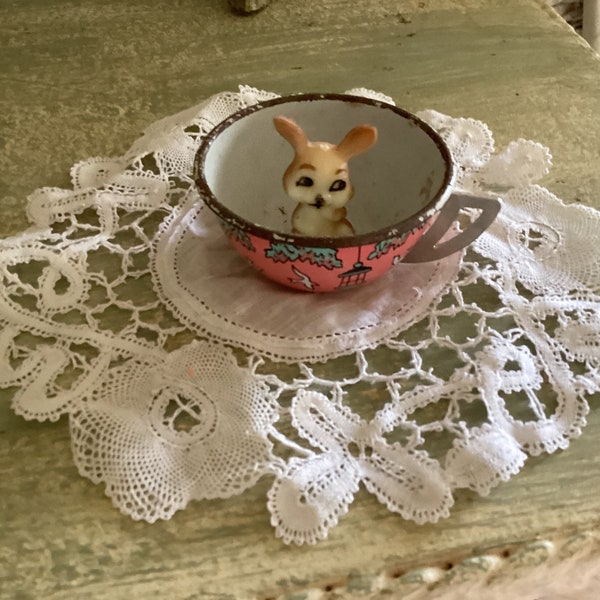 Vintage Bunny in a Ohio Art Tin Cup and Lace Doily