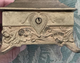 REDUCED! Antique Art Nouveau Floral Footed Brass Locking Casket Box, No Key, Silk Lined, W.B. MFG Co. 385