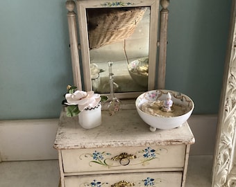 Antique Small Solid Wood, Mirrored Dresser with 2 Drawers, Lovely Hand Painting, Very Old,For top of Vanity or large Doll, Shabby Chic Great