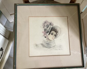 Vintage Original French Colored Sketch Drawing Portrait of Era Lady with Feather Hat, Signed, 13.5x 10.5 Framed Under Glass