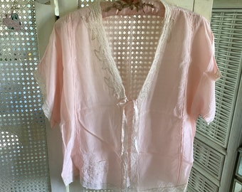 Art Deco Silk Bed Jacket, Light Pink and Cream Lace, Silk Ribbon Bow Closure, Elegant and Pristine!