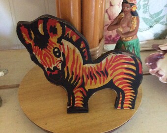 REDUCED! Salvaged Wood Litho Antique Standing wood Zebra, Old Toy Piece Salvage