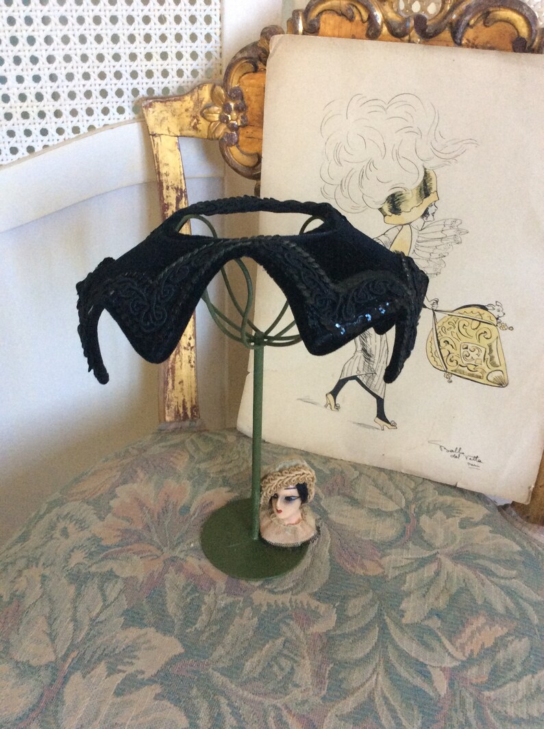 Art Deco Store Metal Hat Stand with French Composition Doll Head and French Deco Caplet REDUCED