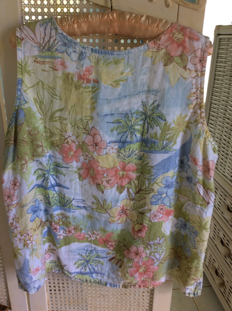 Size L Vintage Hawaiian Print Linen Sleeveless Top Mint!