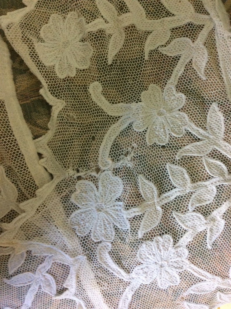 Shabby Chic Antique White Cotton Appliqued Net Lace 8.5\u201d Wide at points REDUCED 68\u201d Long Holes Still Beautiful Spots