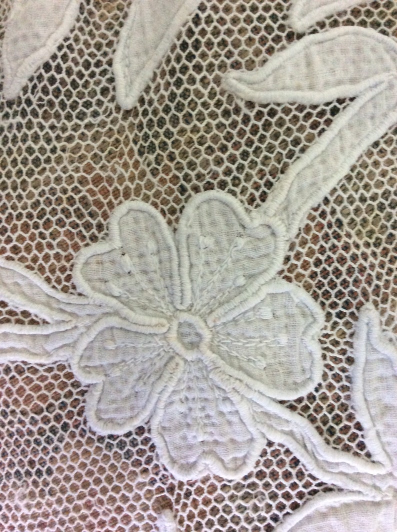 Shabby Chic Antique White Cotton Appliqued Net Lace 8.5\u201d Wide at points REDUCED 68\u201d Long Holes Still Beautiful Spots