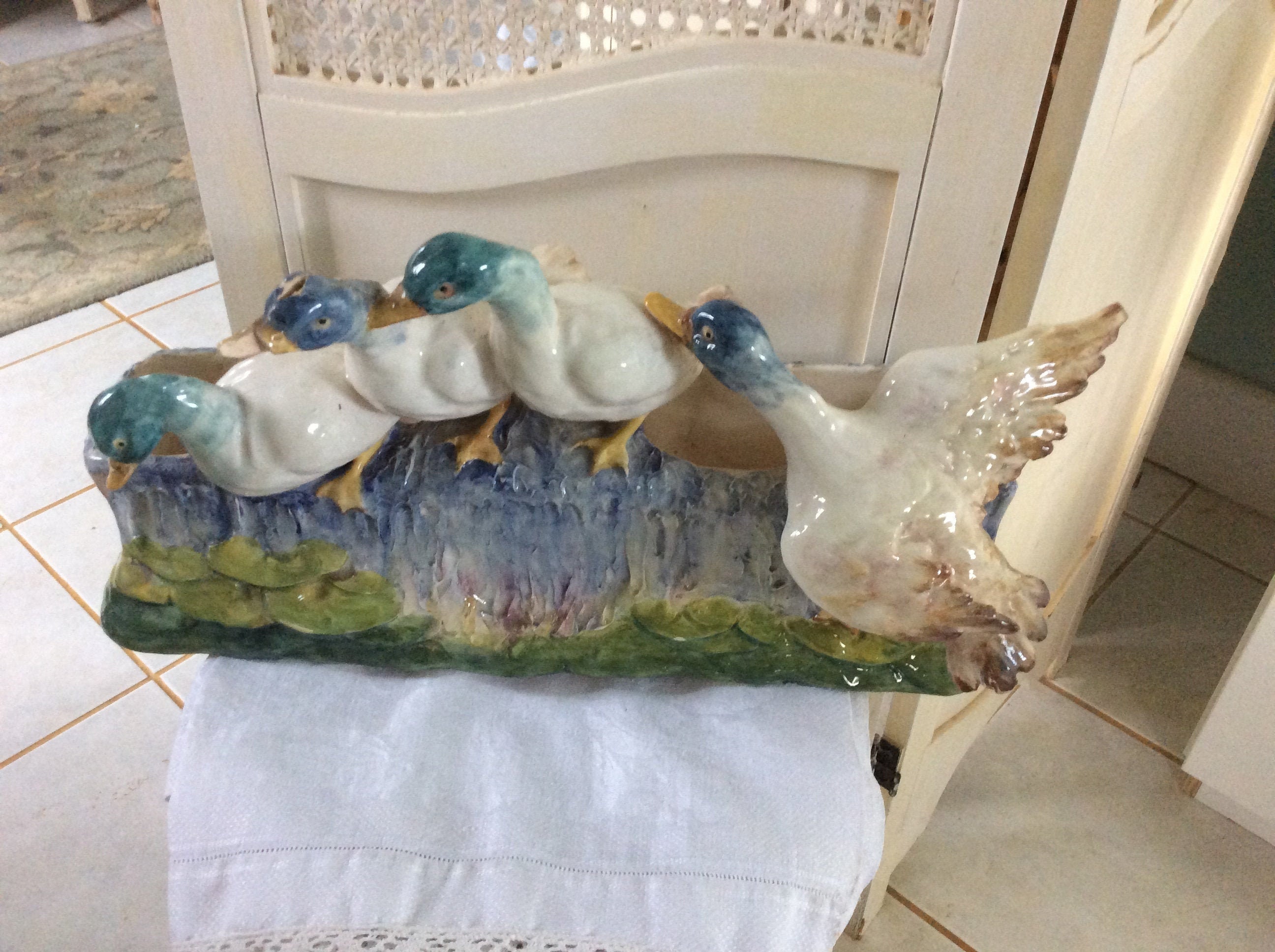 Reduced Antique Large Italian Majolica Geese Planter, Marked, Extraordinary Treasure