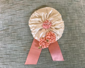 REDUCED! Vintage Satin Ribbon work Roses, Large Piece, White and Peach