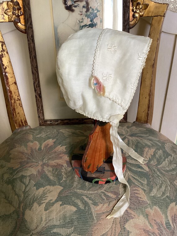 REDUCED! Antique Silk Cream Colored Baby Bonnet wi