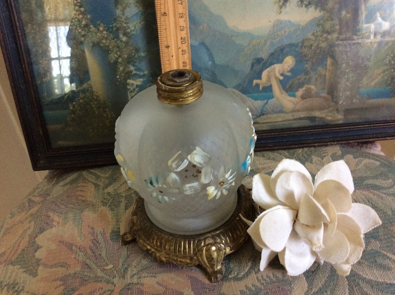 Antique Victorian Oil Lamp Base Hand Painted Embossed Glass and Brass or Metal Footed Base