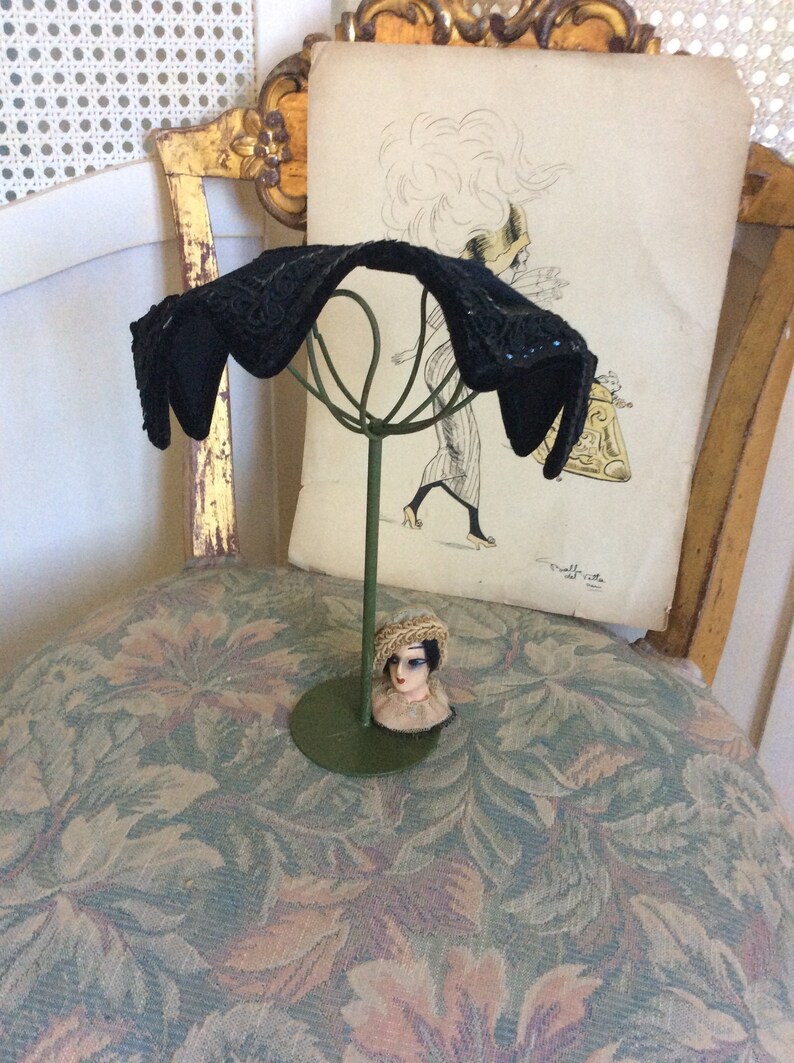 Art Deco Store Metal Hat Stand with French Composition Doll Head and French Deco Caplet REDUCED
