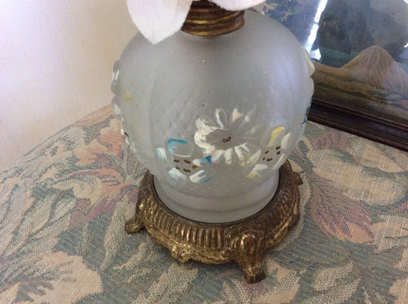 Antique Victorian Oil Lamp Base Hand Painted Embossed Glass and Brass or Metal Footed Base