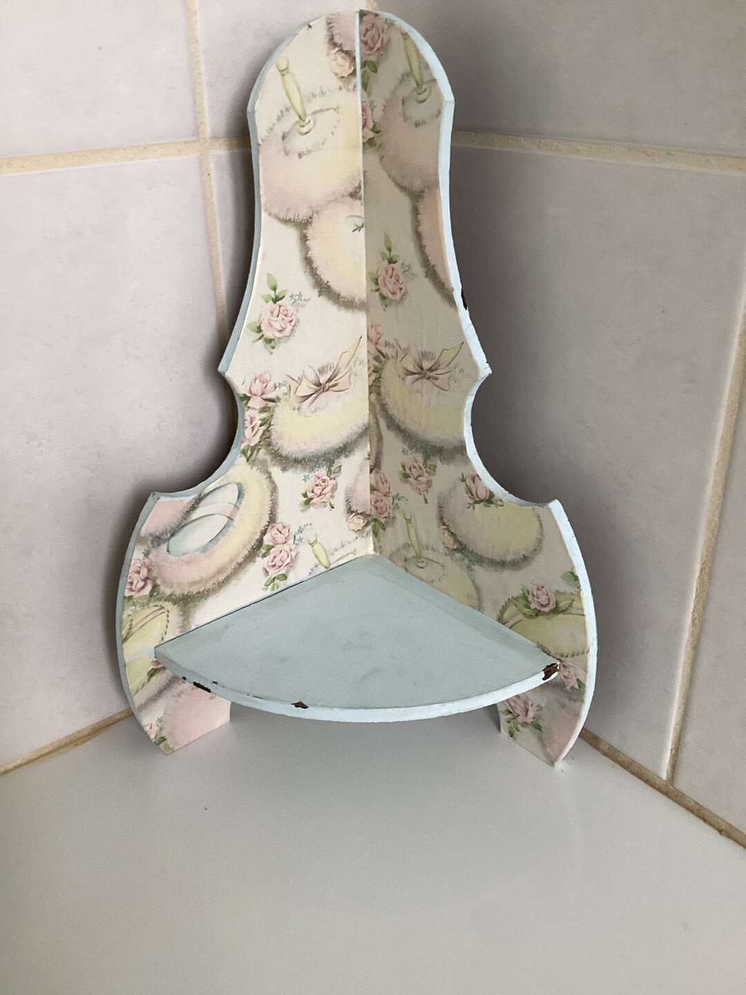 REDUCED Antique Wood Shabby Chic Corner Shelf Painted Blue and Papered