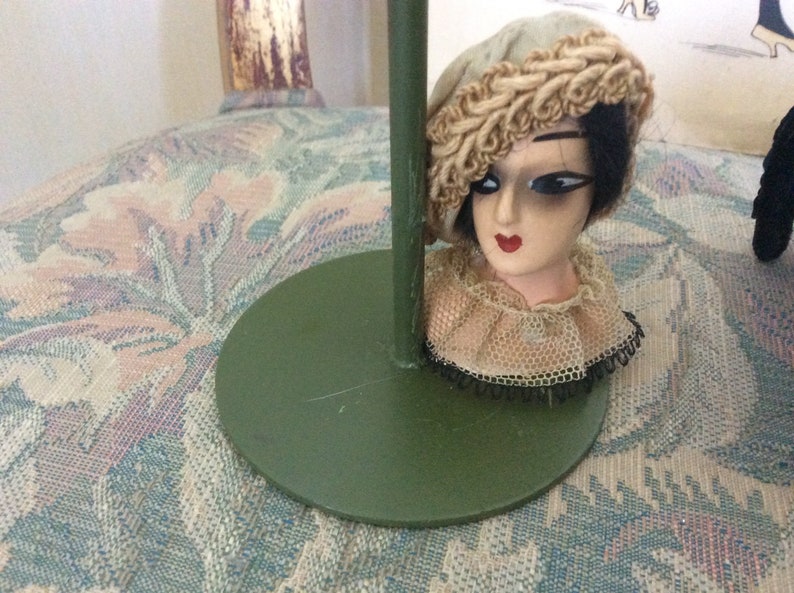 Art Deco Store Metal Hat Stand with French Composition Doll Head and French Deco Caplet REDUCED