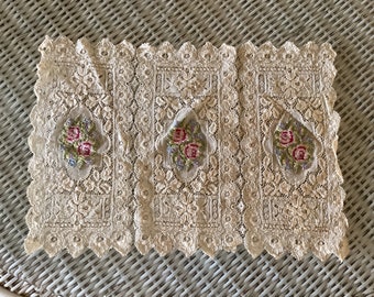 REDUCED! Antique Cream Lace Doily, Three Panel, Petite Point Roses, 12”x 9”