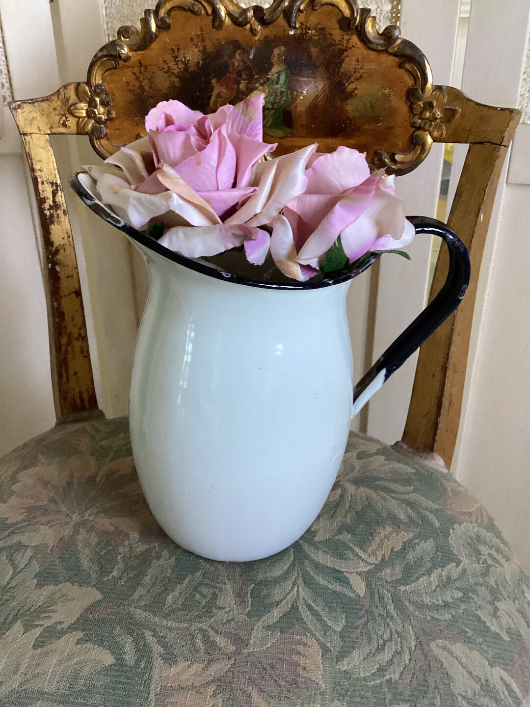 REDUCED Vintage Large Farm House Enamel Pitcher, White With Black Trim