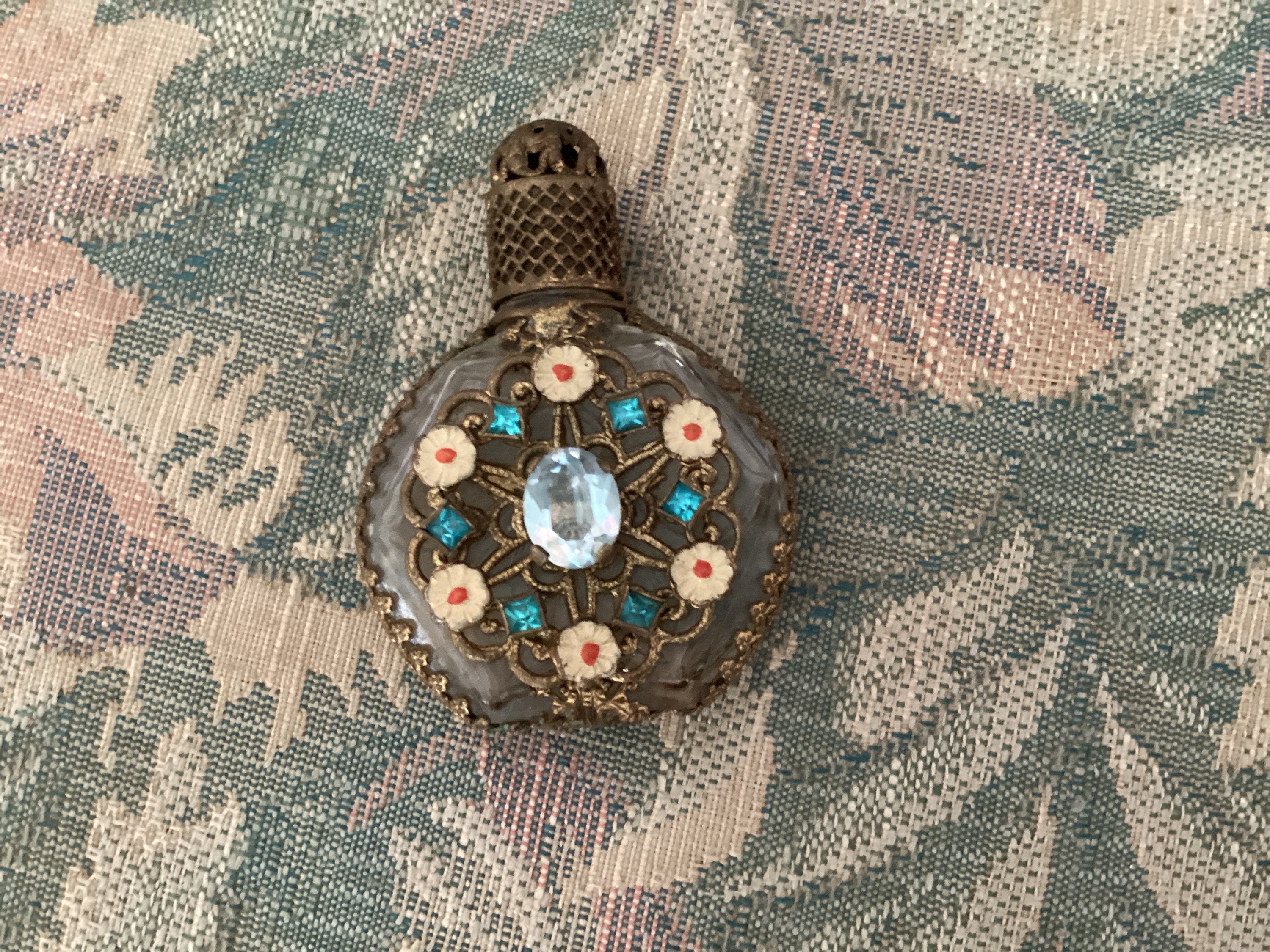 REDUCED! Antique Austrian Miniature Glass Perfume Bottle, Filigree, Blue Gems, Tiny Pink Enamel Flowers and Glass Dauber