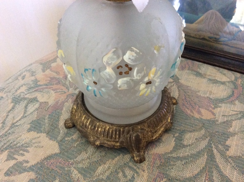 Antique Victorian Oil Lamp Base Hand Painted Embossed Glass and Brass or Metal Footed Base