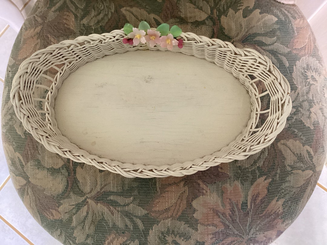 Vintage White Wood and Wicker Tray Basket With Opaline Glass Etsy