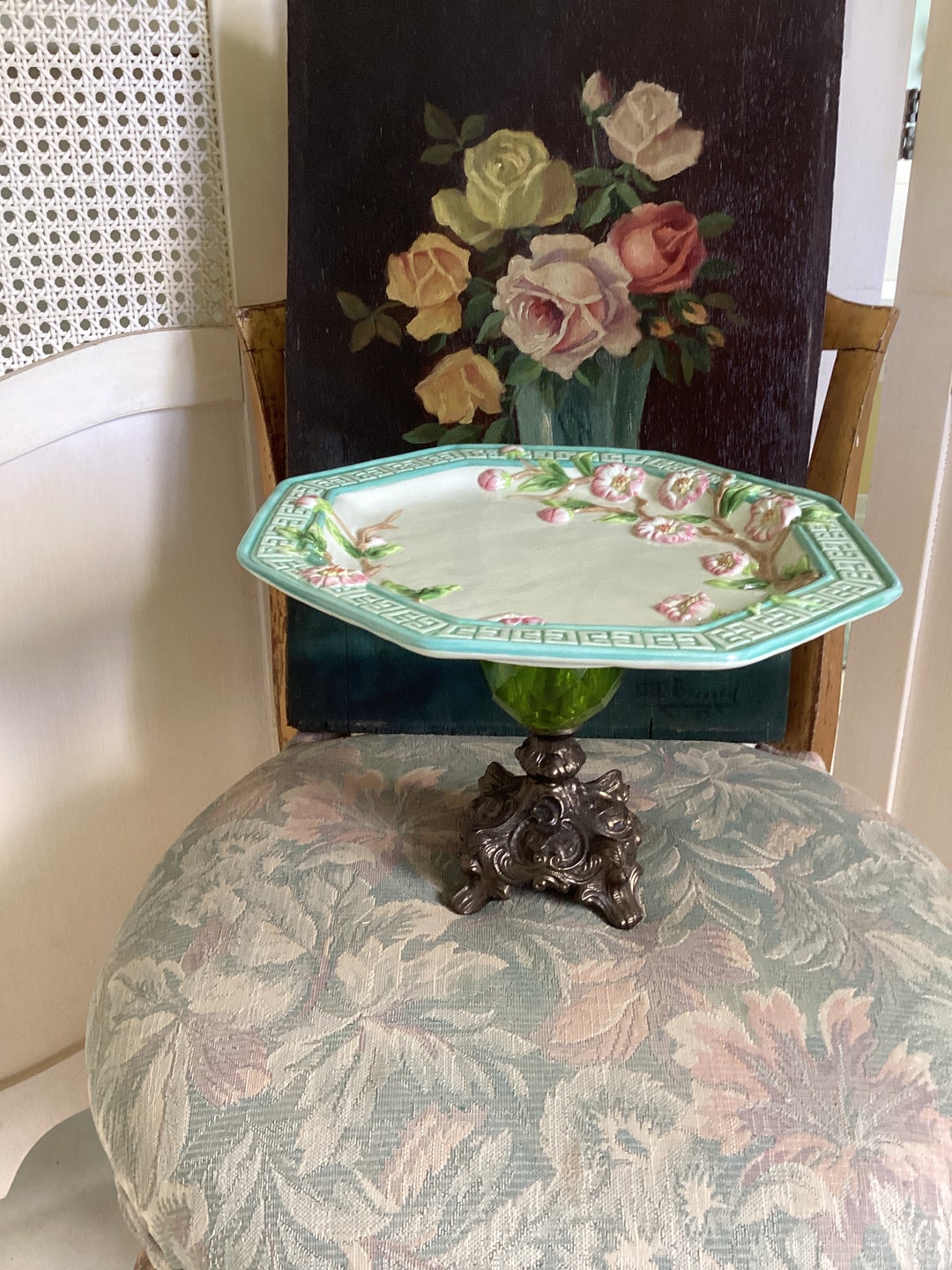 REDUCED Majolica Pedestal Garden Plate Enchanting Etsy
