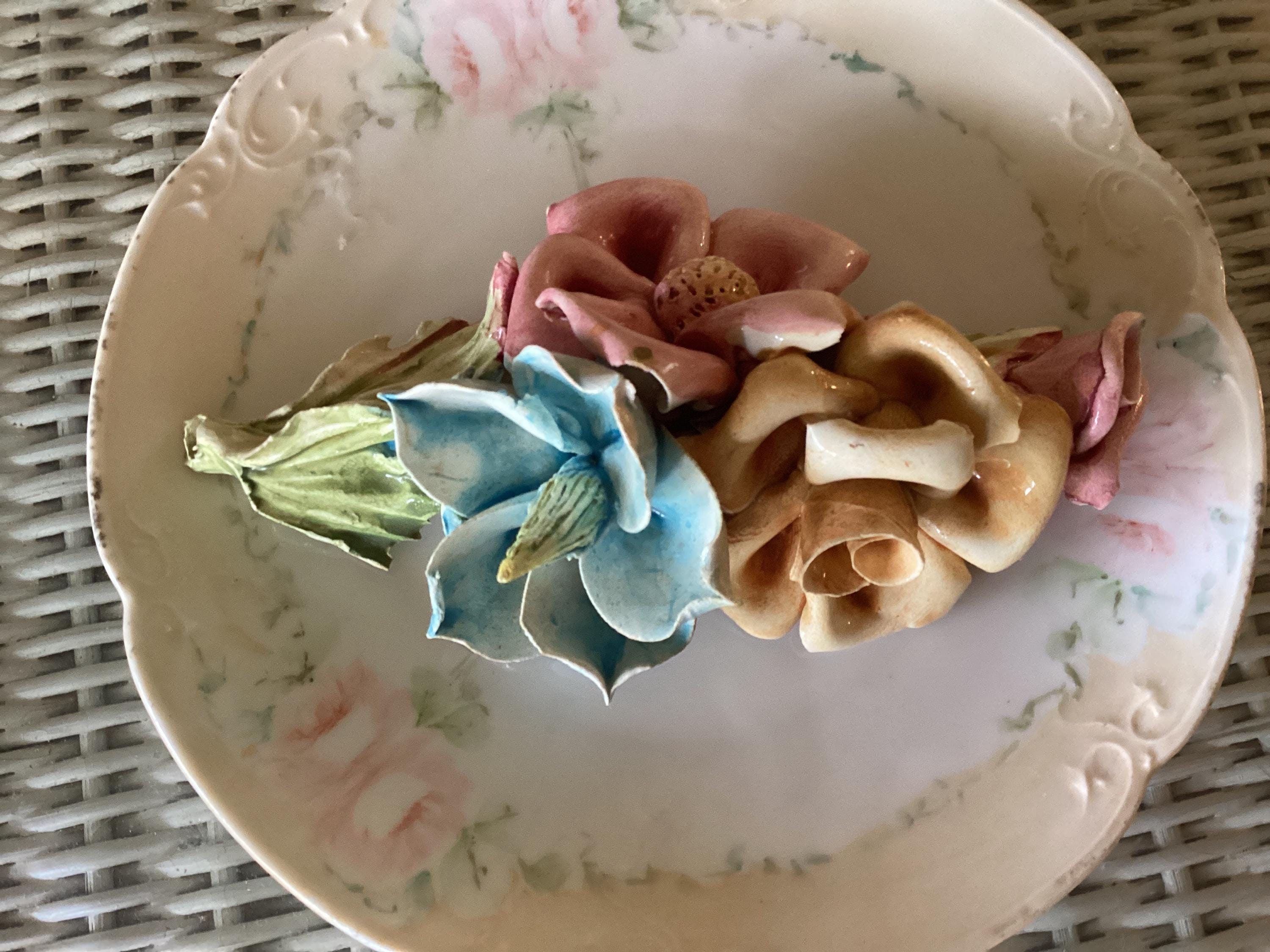 REDUCED! Vintage Italian Ceramic Bouquet of Flowers and Leaves, Beautiful muted Pastel Colors, Lovely!