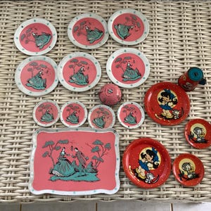 Vintage Ohio Art Toy Tin Dishes Lot, 17 pcs., Romantic and Cat