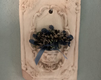 REDUCED! Antique Edwardian Wax Carnations, 2 and Tiny Waxed Sprays Bouquet,Blues and White, In a Shabby Chippy Plaster Plaque