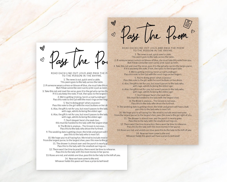 Pass the Poem Bridal Shower Game Printable Wedding Shower | Etsy