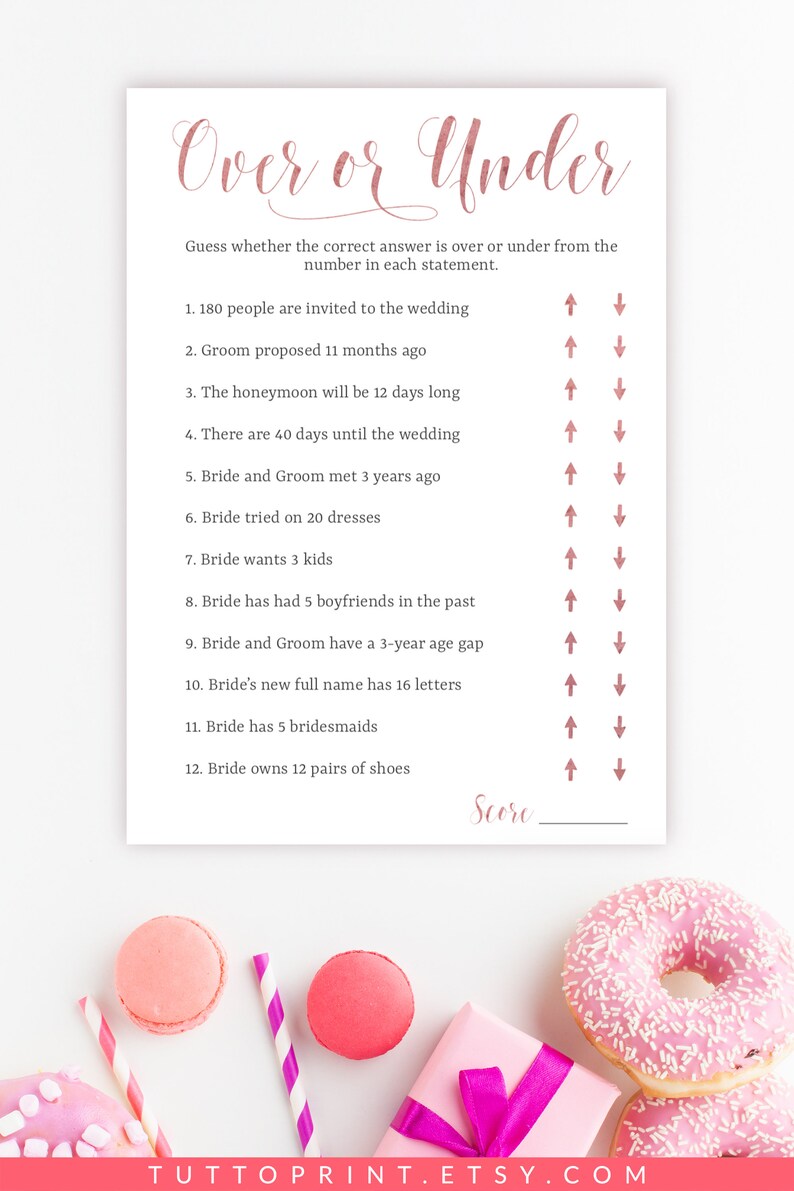 Over or Under Bridal Shower Game Printable Shower Game Card Etsy