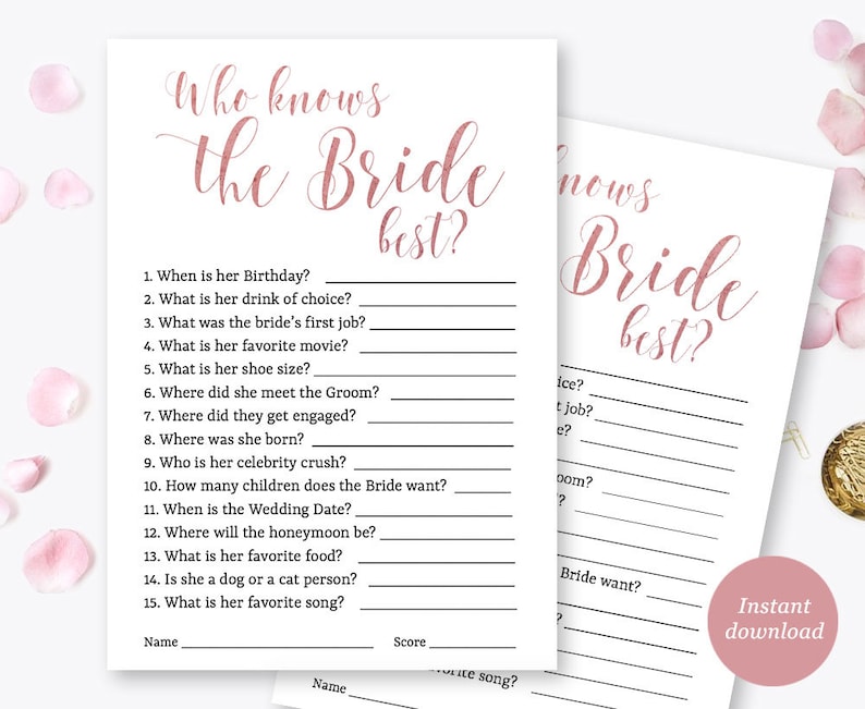 Who knows the Bride best Bridal Shower Game Printable Game Etsy