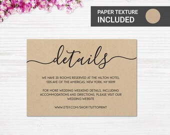 Wedding details card template for rustic wedding, Wedding enclosure card template, Wedding invitation insert template, Information card